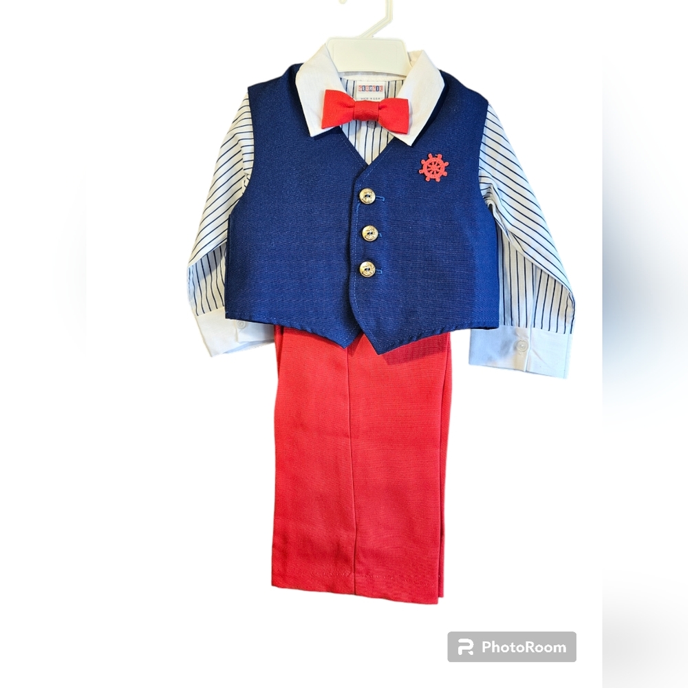 Boys Vintage Little Georgie 4 Pc Vest Shirt Pants Bowtie Size 24M Pinstripes USA